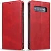 A red leather flip case for a Samsung Galaxy S10 phone, shown from the front and back. Produktbild-Vorschau