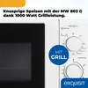 A close-up view of a white microwave oven with control dials and a blue circular overlay highlighting the grill function. Produktbild-Vorschau
