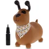 A brown dog-shaped inflatable toy with a bandana, shown with a black hand pump. Produktbild-Vorschau