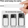 A hand holding a thin white power bank above three iPhones showing how the power bank fits with different iPhone models. Produktbild-Vorschau