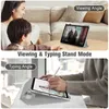 A collage showing two scenarios of using an iPad case: one with a mother and child watching a video, and another with a person drawing on the iPad. Produktbild-Vorschau