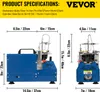 Product specifications with dimensions and two views of an air compressor. Anteprima dell’immagine prodotto