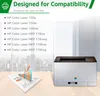 A printer is shown next to a bar graph and a list of compatible printer models. Produktbild-Vorschau