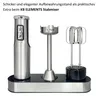 A stainless steel immersion blender with attachments and a storage stand, presented on a white background. Voir les images du produit