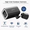 A high-end outdoor camera is shown with feature callouts. Produktbild-Vorschau