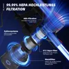Diagram illustrating the filtration system of a vacuum cleaner with blue light effects. Produktbild-Vorschau