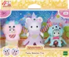 A product packaging for Sylvanian Families "Funny Monster Trio" toy set, featuring three monster-themed dolls in a festive, castle-like background with fireworks. Podgląd zdjęcia produktu