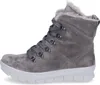 A side view of a gray suede boot with fur lining and white soles. Produktbild-Vorschau