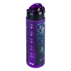 A purple water bottle with a jungle-like pattern and measurement markings. Voir les images du produit
