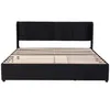 A black upholstered bed frame with a slatted wooden base, shown from the front against a white background. Produktbild-Vorschau