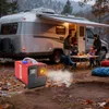 A family is gathered around a table outside their RV, with a portable heater in the foreground emitting smoke. Produktbild-Vorschau