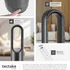 A collage of images showcasing a tower fan, its features, and a remote control. Produktbild-Vorschau