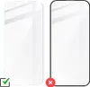 Two phone screen protectors are shown side-by-side. The left one has a green checkmark and the right one has a red cross. Produktbild-Vorschau