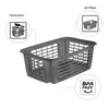 A gray plastic basket with diagrams illustrating its stacking and nesting features, and a BPA-free label. Produktbild-Vorschau