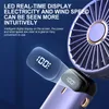 A close-up promotional image of a portable fan with an LED display showing '100'. The fan is purple with gold accents and has a blue tint overlaying part of the display. Text describes the real-time display of electricity and wind speed. Produktbild-Vorschau