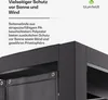 Close-up of a black garden pavilion frame with dark gray side curtains, with German text describing its features. Produktbild-Vorschau