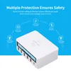 A white multi-port USB charger with wireless charging capabilities is shown on a light blue background, with icons and text highlighting its safety features. Produktbild-Vorschau