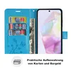 A blue flip case for a smartphone, showing card slots and a bill compartment, with a smartphone screen visible. Produktbild-Vorschau