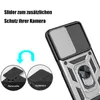 A close-up of a phone case with a camera slider and ring holder, along with diagrams illustrating its features. Produktbild-Vorschau