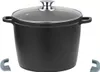 A black pot with a glass lid and silver handle, shown with two gray pot handle covers on a white background. Produktbild-Vorschau