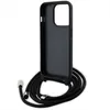 A black iPhone case with a black lanyard is shown against a white background. Produktbild-Vorschau