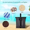 A black sandbag is shown on a beach with images of different filling materials around it. Produktbild-Vorschau