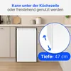 A white mini-refrigerator integrated into a kitchen counter, with a circular graphic highlighting its depth. Produktbild-Vorschau