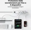 A white power strip with multiple outlets is shown, with cables connecting to a tablet and a smartphone, along with a keyboard and mouse. The scene is set against a plain white background. Náhled obrázku produktu