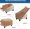 An instruction collage showing three steps to cover an ottoman or footstool with a brown fabric cover. Produktbild-Vorschau