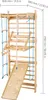 A wooden indoor climbing frame with various accessories, including a slide, rings, and ropes, with dimensions indicated. Anteprima dell’immagine prodotto