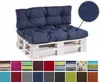 A dark blue pallet sofa cushion set on a white wooden pallet, with a close-up inset of the fabric texture. Voir les images du produit