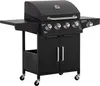 A black gas grill BBQ with a cabinet base and side shelves, shown from a front-diagonal angle against a white background. Produktbild-Vorschau