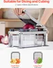 A person is using a vegetable dicer to cut an onion. Below the dicer, there are two examples of diced vegetables and their corresponding blade sizes. Produktbild-Vorschau