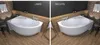 A split image showing two views of a white corner bathtub in a modern bathroom setting. Produktbild-Vorschau