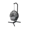 A black hanging egg chair with gray cushions on a black metal stand, isolated on a white background. Náhled obrázku produktu