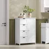 A white bathroom cabinet with four drawers and a cabinet door, placed in a bathroom setting. Produktbild-Vorschau