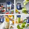A collage of four images showcasing a portable mini blender and its use in making smoothies and drinks. Podgląd zdjęcia produktu
