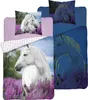 Two views of a horse-themed duvet cover and pillow set, one with a white horse in purple flowers and another with a blue, glowing horse outline in purple flowers. Náhled obrázku produktu