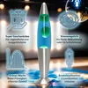 A lava lamp is shown in a dark room with decorative elements and text overlays. Produktbild-Vorschau