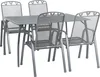 A gray metal garden table and four chairs are shown against a white background. Produktbild-Vorschau