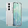 A clear phone case is shown with a phone inside, set against a blurred background of mountains and sky. Produktbild-Vorschau