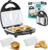 A collage of a sandwich maker, its accessories, and packaging. Podgląd zdjęcia produktu