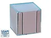 A clear plastic cube dispenser for sticky notes, with a stack of white sticky notes inside. Produktbild-Vorschau