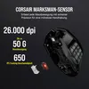 A close-up marketing image of a gaming mouse, highlighting its technical specifications. Produktbild-Vorschau