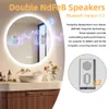 A bathroom vanity with a lit mirror and decorative elements, alongside marketing text and a close-up of a speaker. Anteprima dell’immagine prodotto
