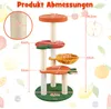 A diagram showing the dimensions of a cat tree with fruit-themed platforms and a basket. Podgląd zdjęcia produktu