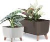 Two potted plants are displayed against a white background. The plant on the left is in a hexagonal gray pot with wooden legs. The plant on the right is in a rectangular brown planter with wooden legs. Náhled obrázku produktu