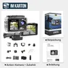 A collage of images showcasing an action camera, its accessories, packaging, and manual. Produktbild-Vorschau