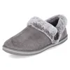 A single gray slipper with faux fur trim and a button detail, shown from a side angle on a white background. Produktbild-Vorschau