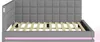 A grey upholstered bed frame with a padded headboard and a pink LED light strip along the base. Produktbild-Vorschau
